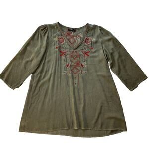 Andree by UNIT Embroidered Boho Tunic Size M Olive Green Red Floral